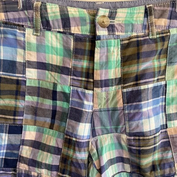 L L BEAN Favorite Fit Blue Purple Madras Patchwork Plaid Shorts 4 - Picture 3 of 15